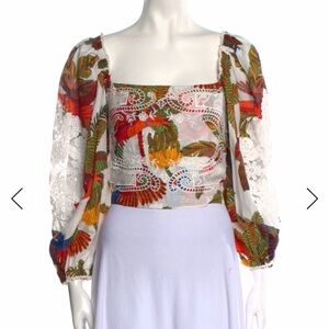 Like NEW FARM Rio Forest Birds Embroidered Lace Crop Top Blouse $185 Balloon Slv